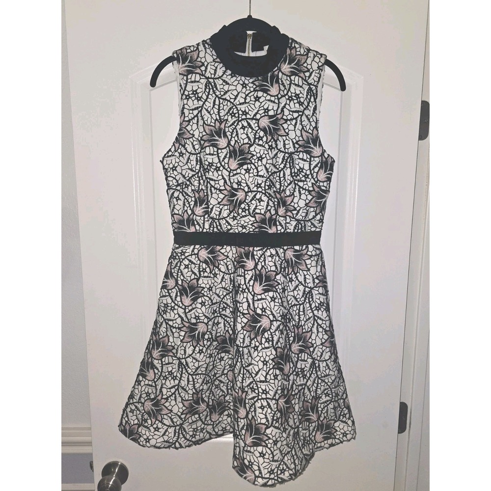 Self-Portrait Floral Lace Fit & Flare Mock Neck Dress US 6 Black White Pink